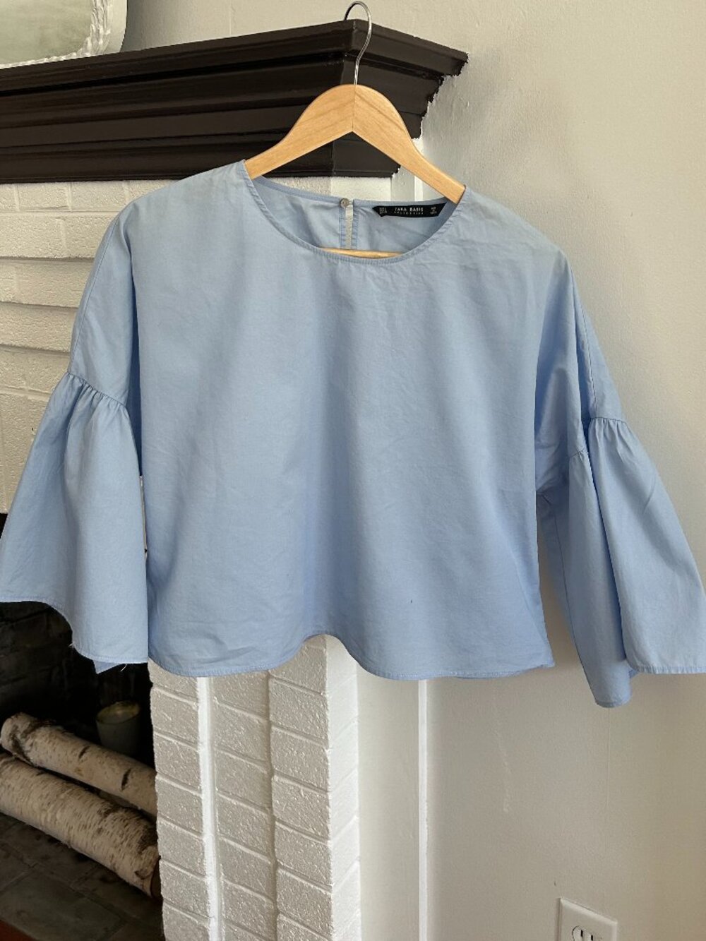 Zara Baby Blue Bell Sleeve Blouse Size Large